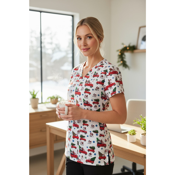 LOT OF 5 Womens Printed Scrub Top Short Sleeve Medium Holiday Workwear Medical - Picture 13 of 13